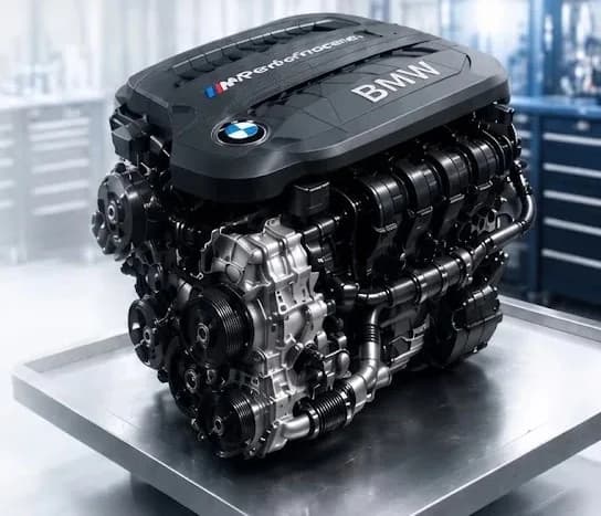 BMW B58 engine on workshop stand