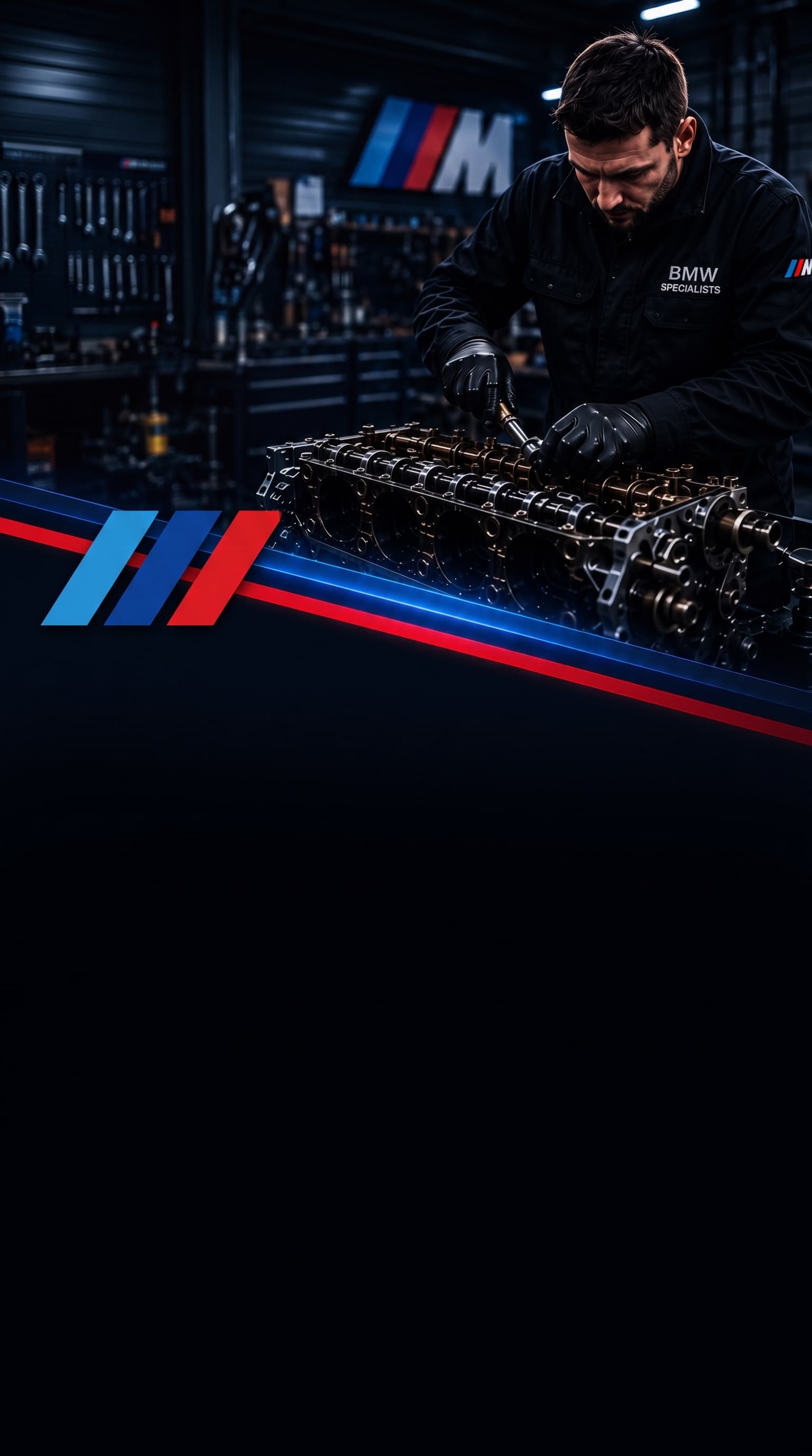 BMW technician rebuilding an engine block