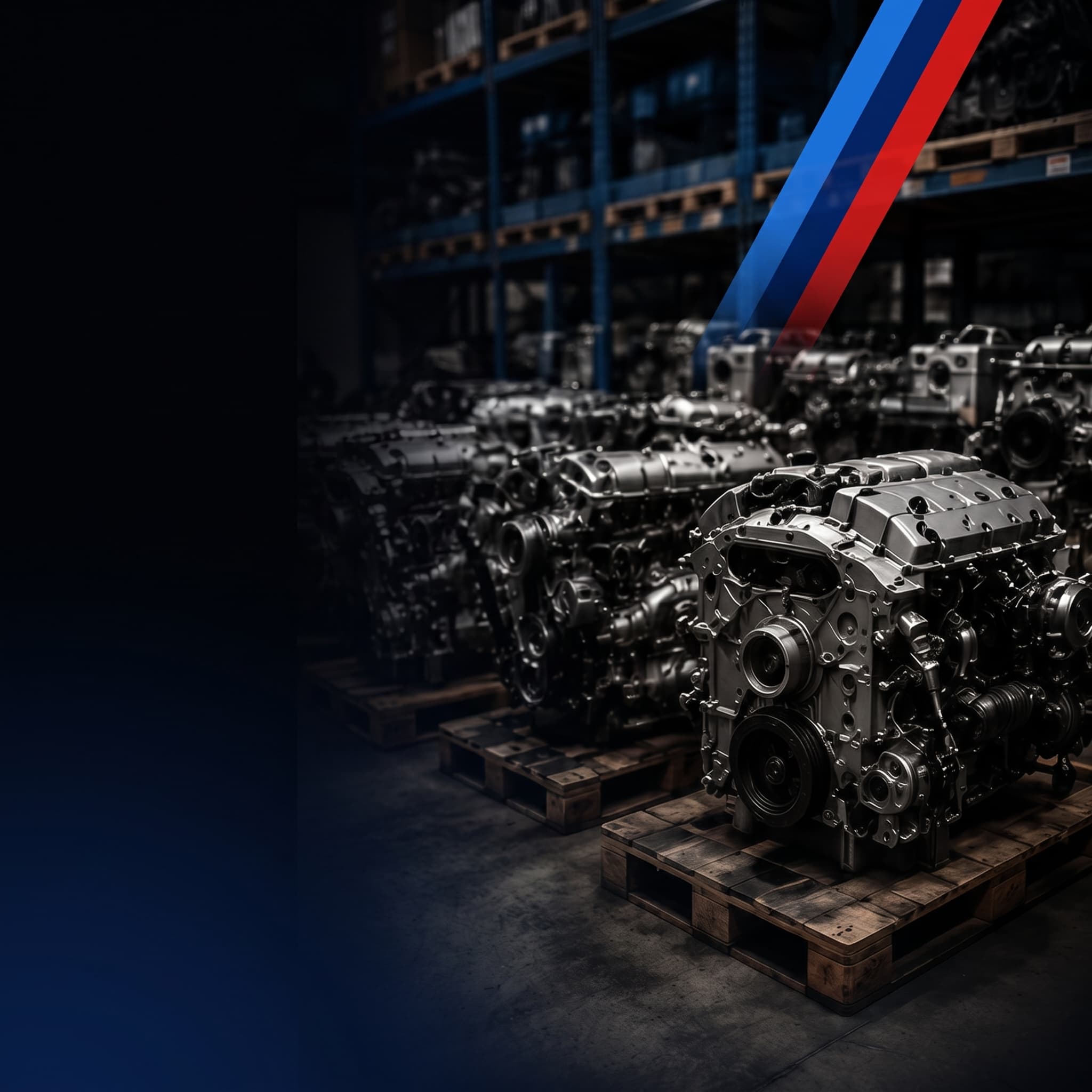 Racked BMW replacement engines in storage
